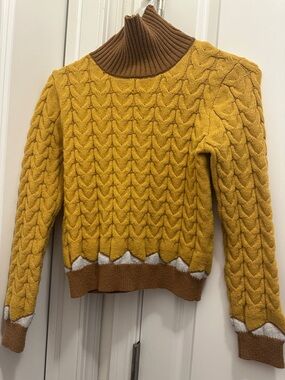 Boys Cable Knit Turtleneck Sweater - Mustard with Brown Trim